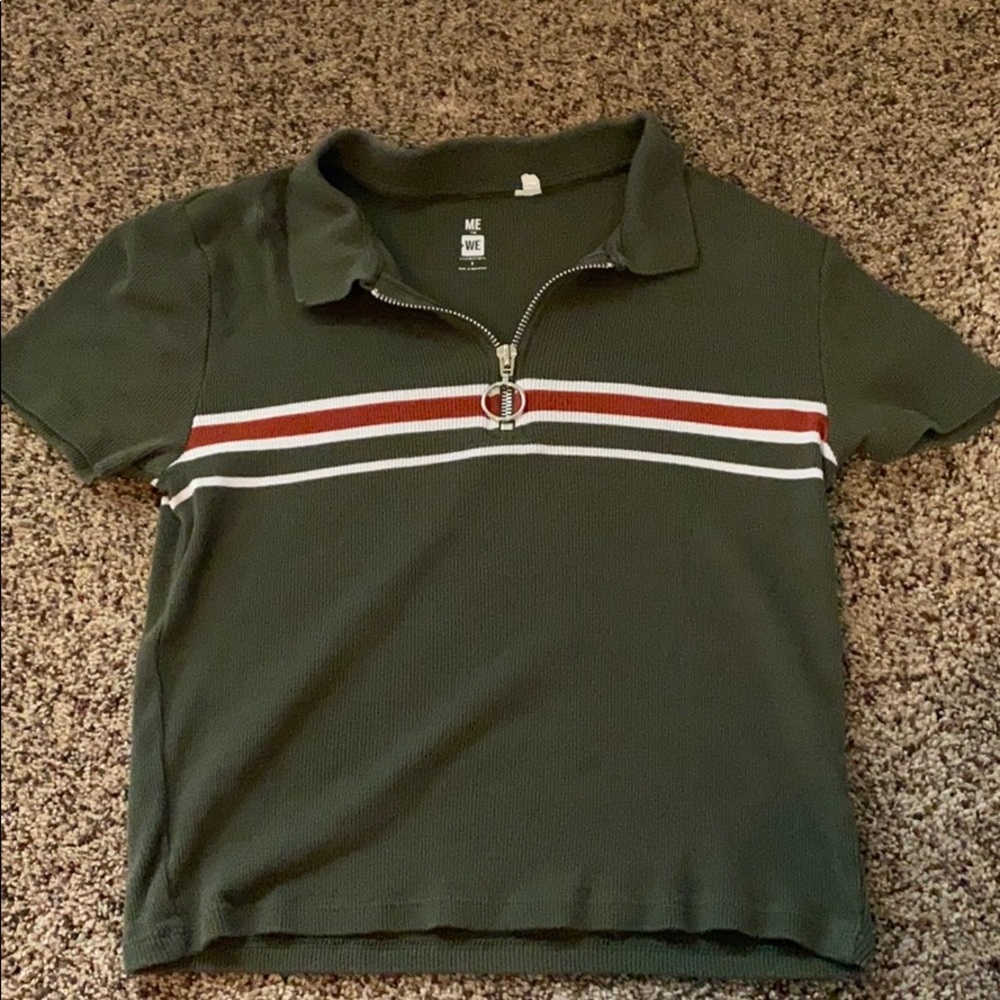 Dark Green striped 3/4 Zip-Up Tshirt